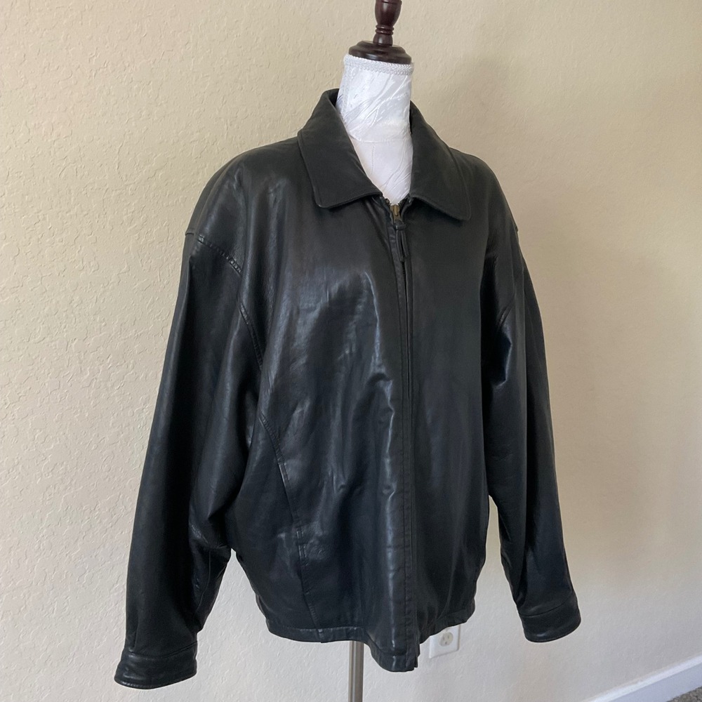 Vintage Couturé J Park Black Leather Bomber Jacket Mens L 90s Minimalist